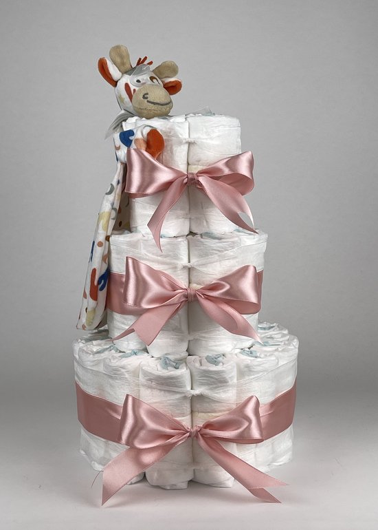 Chouette-Chouette | Luiertaart Meisje | Kraamcadeau | Geboorte Meisje | Babyshower | Tuttle Giraffe Gilles donker Poeder Roze van Chouette-Chouette