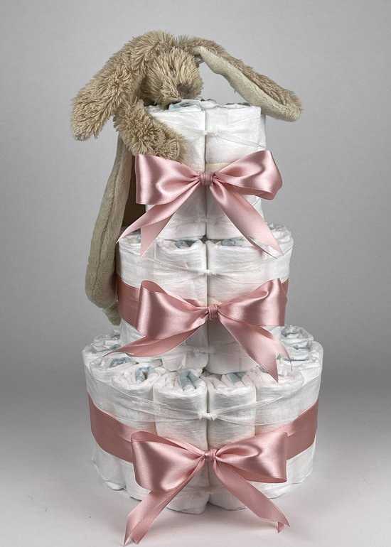 Chouette-Chouette | Luiertaart Meisje | Kraamcadeau | Geboorte Meisje | Babyshower | Tuttle Konijn Richie Beige - donker Poeder Roze van Chouette-Chouette