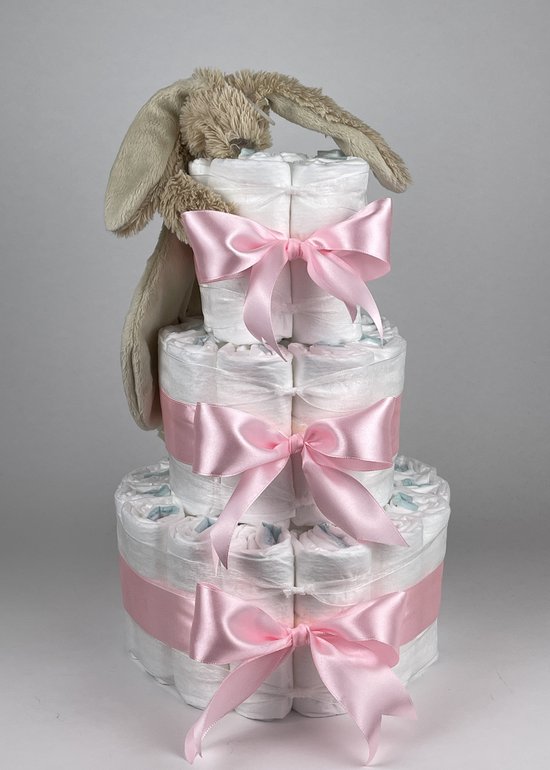 Chouette-Chouette | Luiertaart Meisje | Kraamcadeau | Geboorte Meisje | Babyshower | Tuttle Konijn Richie Beige - Roze van Chouette-Chouette