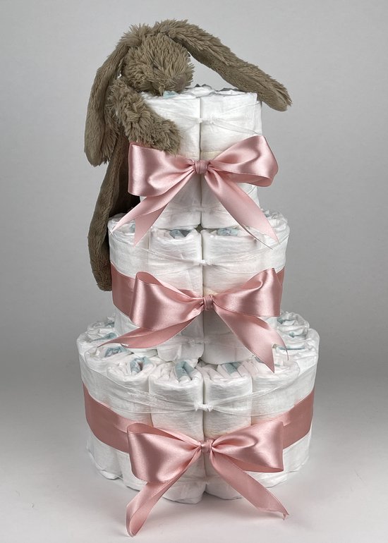 Chouette-Chouette | Luiertaart Meisje | Kraamcadeau | Geboorte Meisje | Babyshower | Tuttle Konijn Richie Clay bruin - donker Poeder Roze van Chouette-Chouette