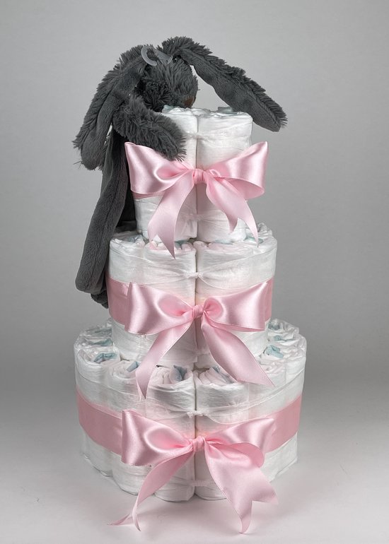 Chouette-Chouette | Luiertaart Meisje | Kraamcadeau | Geboorte Meisje | Babyshower | Tuttle Konijn Richie deep Grey - Roze van Chouette-Chouette