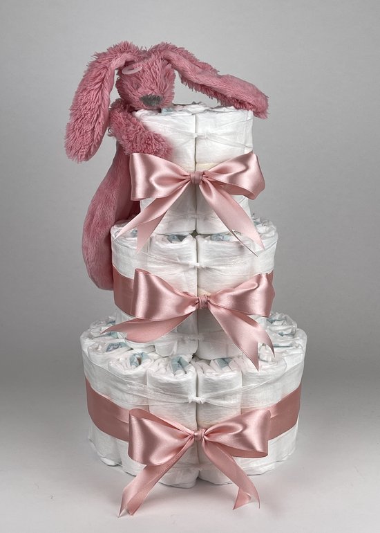 Chouette-Chouette | Luiertaart Meisje | Kraamcadeau | Geboorte Meisje | Babyshower | Tuttle Konijn Richie deep Pink - donker Poeder Roze van Chouette-Chouette
