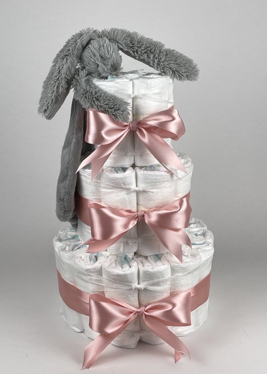 Chouette-Chouette | Luiertaart Meisje | Kraamcadeau | Geboorte Meisje | Babyshower | Tuttle Konijn Richie Grey - donker Poeder Roze van Chouette-Chouette