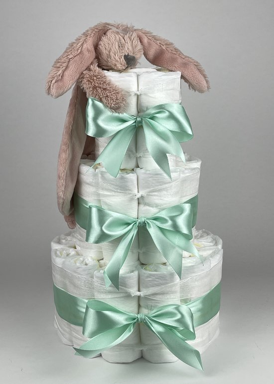Chouette-Chouette | Luiertaart Meisje | Kraamcadeau | Geboorte Meisje | Babyshower | Tuttle Konijn Richie Old Pink - Groen van Chouette-Chouette