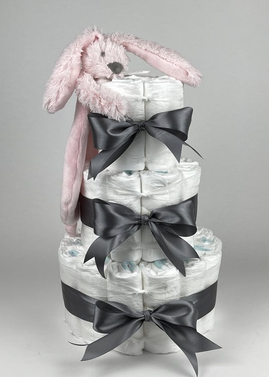Chouette-Chouette | Luiertaart Meisje | Kraamcadeau | Geboorte Meisje | Babyshower | Tuttle Konijn Richie Pink - donker Grijs van Chouette-Chouette