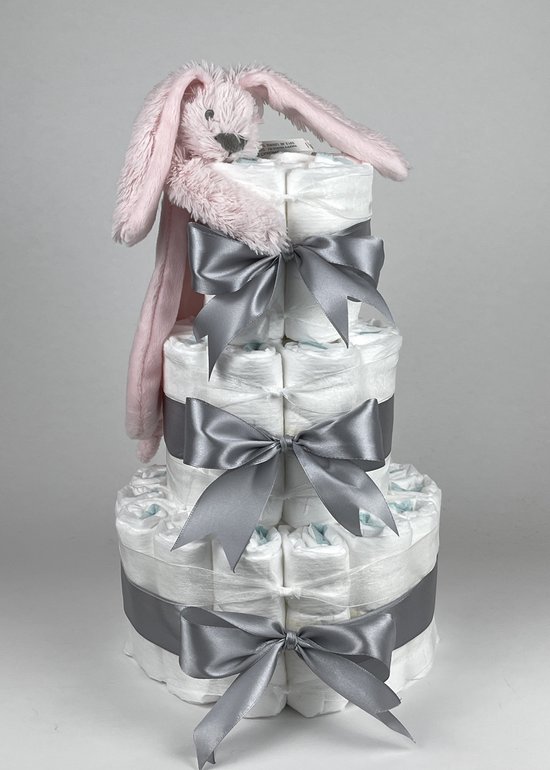 Chouette-Chouette | Luiertaart Meisje | Kraamcadeau | Geboorte Meisje | Babyshower | Tuttle Konijn Richie Pink - Grijs van Chouette-Chouette