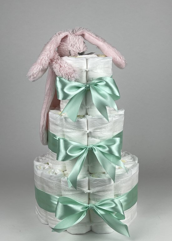 Chouette-Chouette | Luiertaart Meisje | Kraamcadeau | Geboorte Meisje | Babyshower | Tuttle Konijn Richie Pink - Groen van Chouette-Chouette