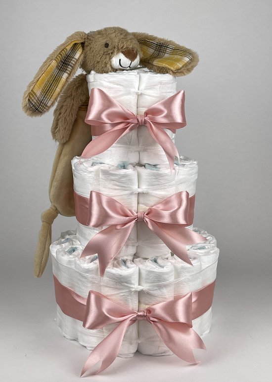 Chouette-Chouette | Luiertaart Meisje | Kraamcadeau | Geboorte Meisje | Babyshower | Tuttle Konijn Riley donker Poeder Roze van Chouette-Chouette
