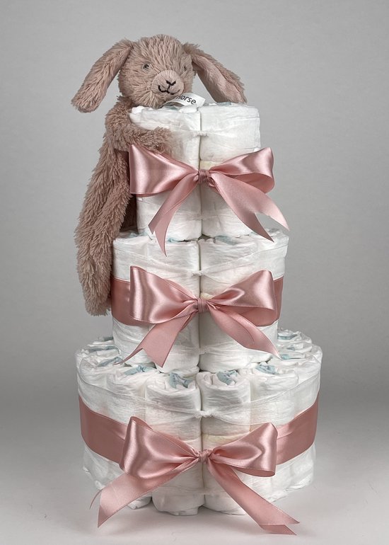 Chouette-Chouette | Luiertaart Meisje | Kraamcadeau | Geboorte Meisje | Babyshower | Tuttle Konijn Rosi donker Poeder Roze van Chouette-Chouette