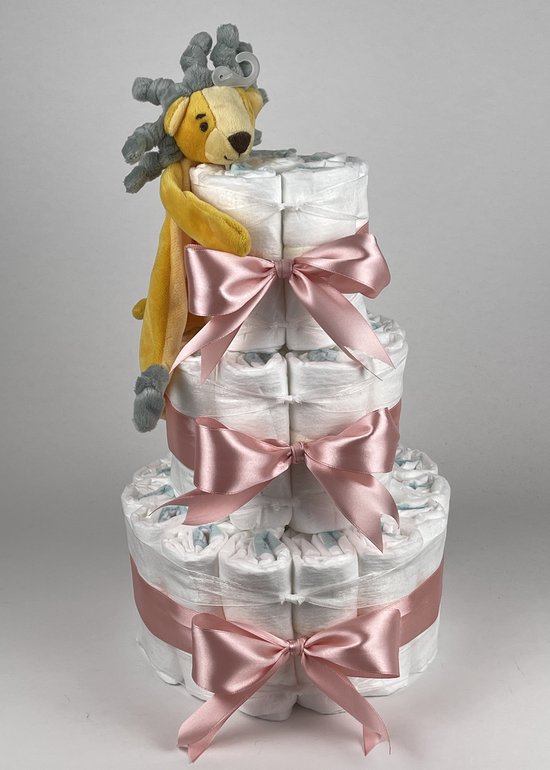 Chouette-Chouette | Luiertaart Meisje | Kraamcadeau | Geboorte Meisje | Babyshower | Tuttle Leeuw Luke donker Poeder Roze van Chouette-Chouette