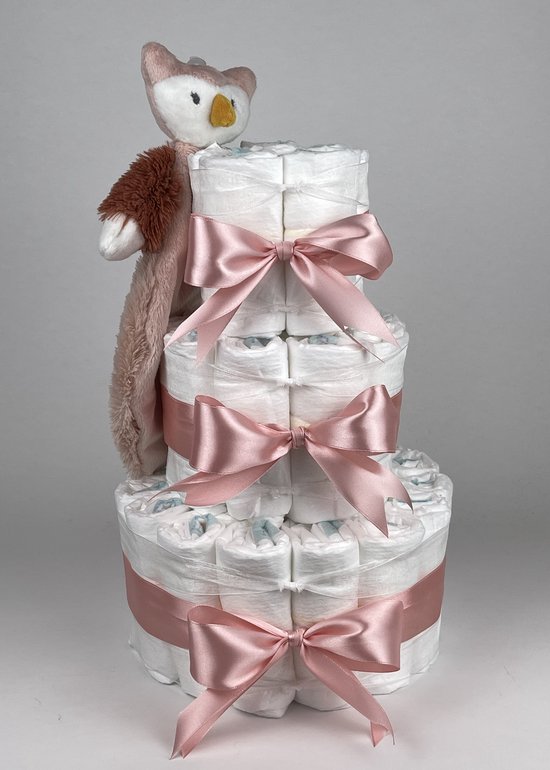Chouette-Chouette | Luiertaart Meisje | Kraamcadeau | Geboorte Meisje | Babyshower | Tuttle Uil Olivia donker Poeder Roze van Chouette-Chouette