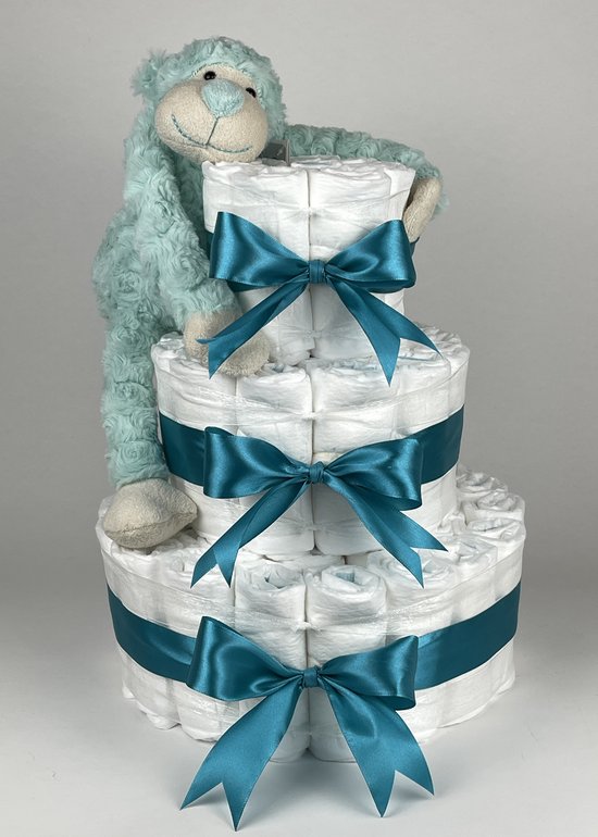Chouette-Chouette | Luiertaart Neutraal | Kraamcadeau | Geboorte Jongen Meisje | Babyshower | Aap Groen - Petrol van Chouette-Chouette