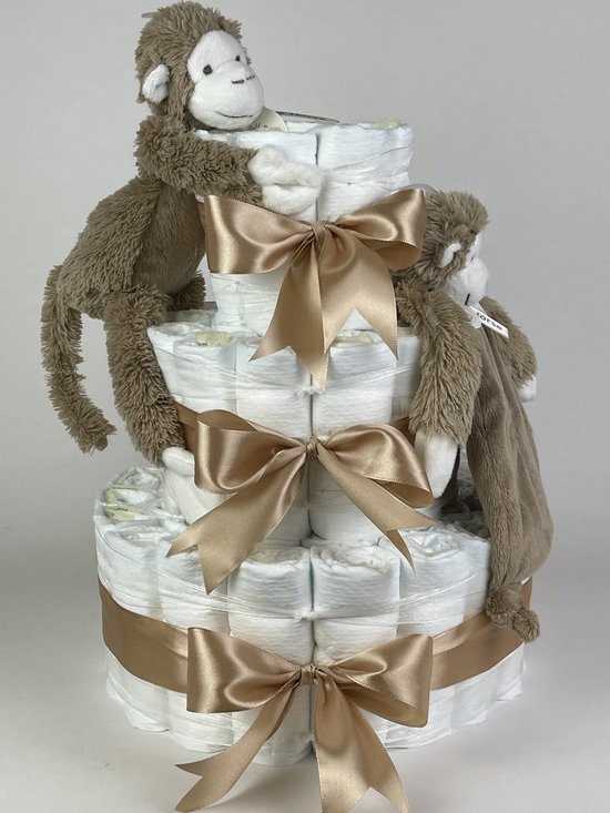 Chouette-Chouette | Luiertaart Neutraal | Kraamcadeau | Geboorte Jongen Meisje | Babyshower | Aap Mickey Clay bruin - Beige van Chouette-Chouette