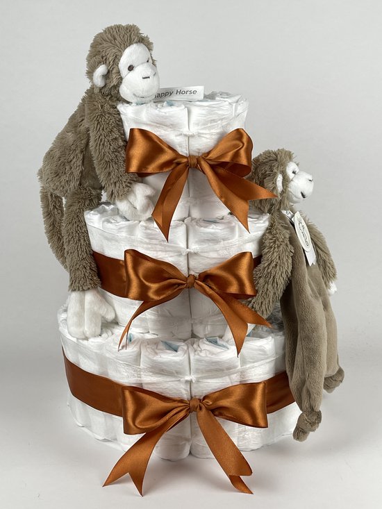 Chouette-Chouette - Luiertaart Neutraal - Kraamcadeau - Geboorte Jongen Meisje - Babyshower - Aap Mickey Clay bruin - Koper van Chouette-Chouette