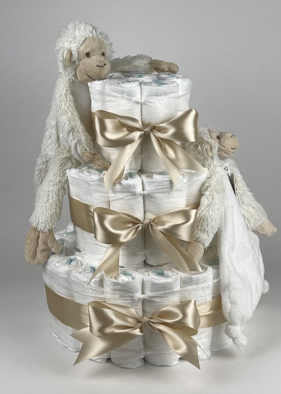Chouette-Chouette - Luiertaart Neutraal - Kraamcadeau - Geboorte Jongen Meisje - Babyshower - Aap Mickey Ivory - Beige van Chouette-Chouette
