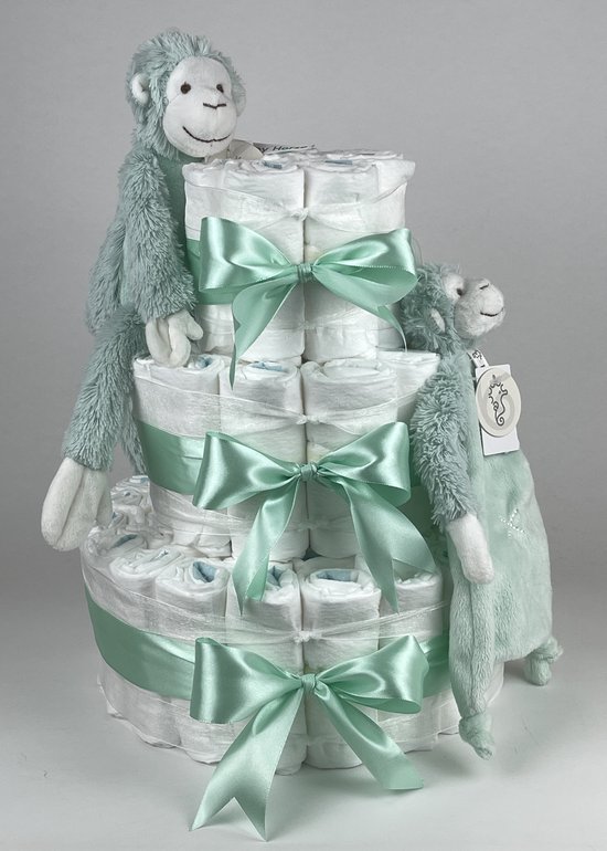 Chouette-Chouette | Luiertaart Neutraal | Kraamcadeau | Geboorte Jongen Meisje | Babyshower | Aap Mickey Lagoon - Groen van Chouette-Chouette