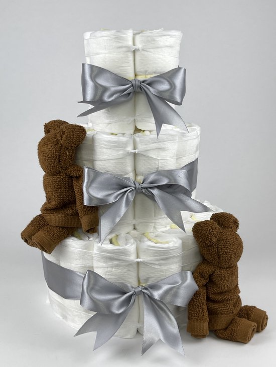 Chouette-Chouette | Luiertaart Neutraal | Kraamcadeau | Geboorte Jongen Meisje | Babyshower | Beren clay Bruin - Grijs van Chouette-Chouette