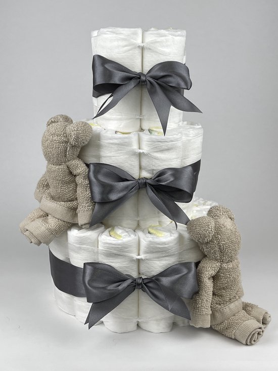 Chouette-Chouette | Luiertaart Neutraal | Kraamcadeau | Geboorte Jongen Meisje | Babyshower | Beren Cream - donker Grijs van Chouette-Chouette