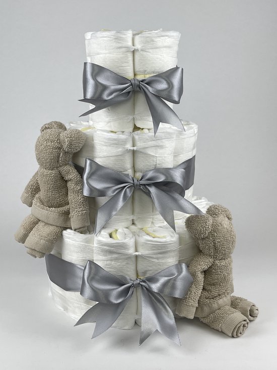 Chouette-Chouette | Luiertaart Neutraal | Kraamcadeau | Geboorte Jongen Meisje | Babyshower | Beren Cream - Grijs van Chouette-Chouette