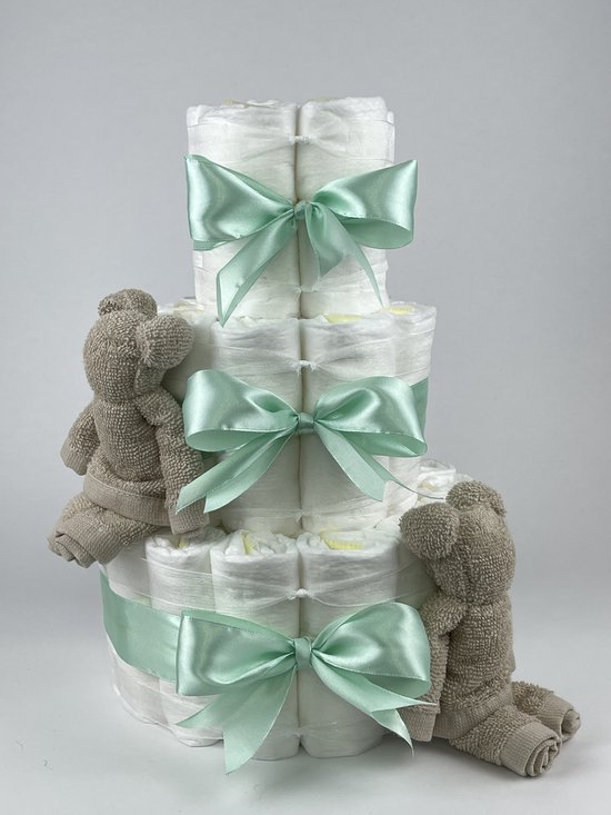 Chouette-Chouette | Luiertaart Neutraal | Kraamcadeau | Geboorte Jongen Meisje | Babyshower | Beren Cream - Groen van Chouette-Chouette