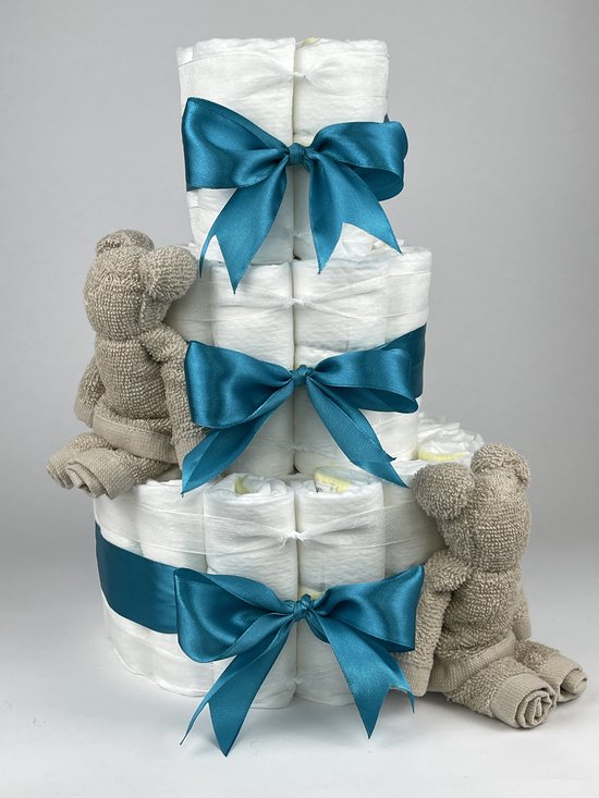 Chouette-Chouette | Luiertaart Neutraal | Kraamcadeau | Geboorte Jongen Meisje | Babyshower | Beren Cream - Petrol van Chouette-Chouette