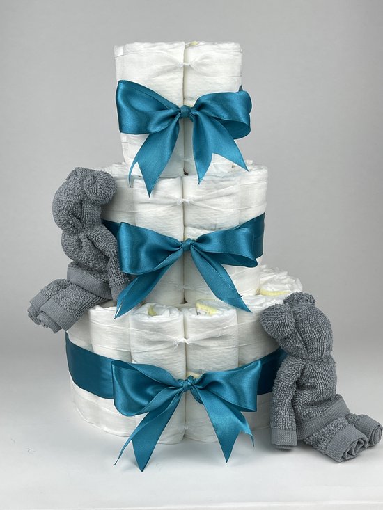Chouette-Chouette | Luiertaart Neutraal | Kraamcadeau | Geboorte Jongen Meisje | Babyshower | Beren Grey-Blue - Petrol van Chouette-Chouette