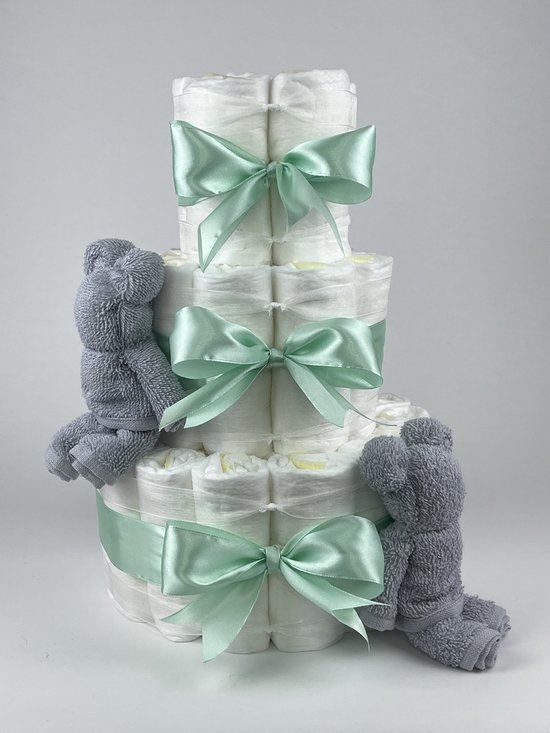Chouette-Chouette | Luiertaart Neutraal | Kraamcadeau | Geboorte Jongen Meisje | Babyshower | Beren Grijs - Groen van Chouette-Chouette