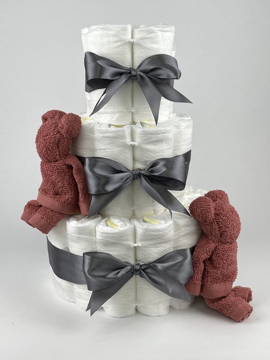 Chouette-Chouette | Luiertaart Neutraal | Kraamcadeau | Geboorte Jongen Meisje | Babyshower | Beren Koper - donker Grijs van Chouette-Chouette