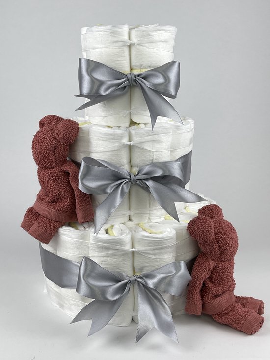 Chouette-Chouette | Luiertaart Neutraal | Kraamcadeau | Geboorte Jongen Meisje | Babyshower | Beren Koper - Grijs van Chouette-Chouette