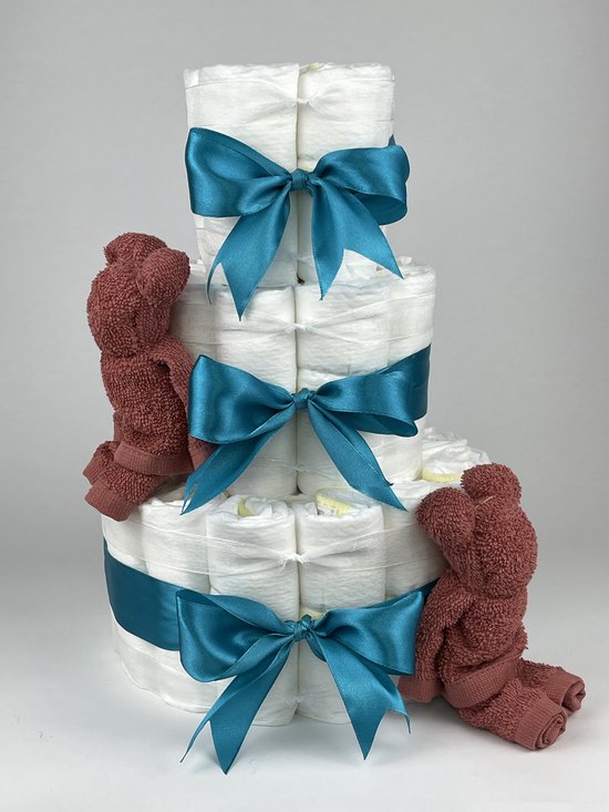 Chouette-Chouette | Luiertaart Neutraal | Kraamcadeau | Geboorte Jongen Meisje | Babyshower | Beren Koper - Petrol van Chouette-Chouette