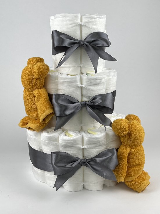 Chouette-Chouette | Luiertaart Neutraal | Kraamcadeau | Geboorte Jongen Meisje | Babyshower | Beren Oker - donker Grijs van Chouette-Chouette