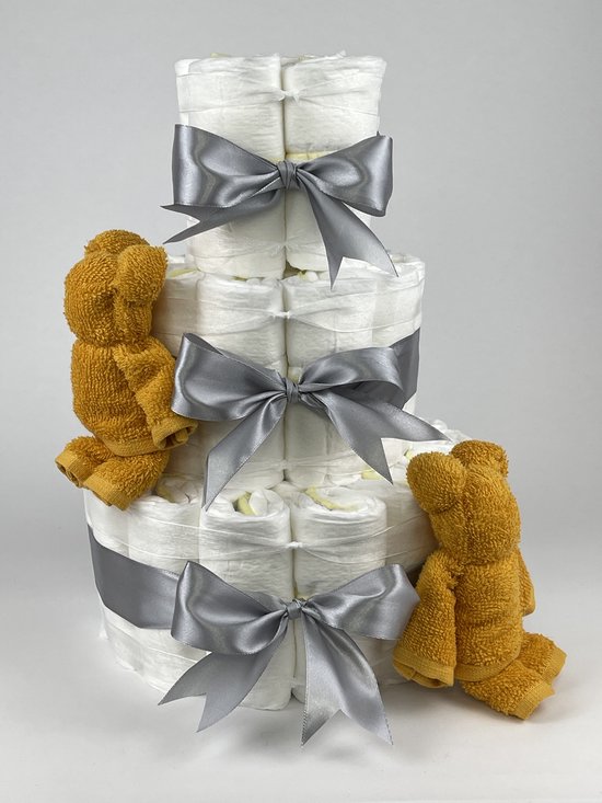 Chouette-Chouette | Luiertaart Neutraal | Kraamcadeau | Geboorte Jongen Meisje | Babyshower | Beren Oker - Grijs van Chouette-Chouette