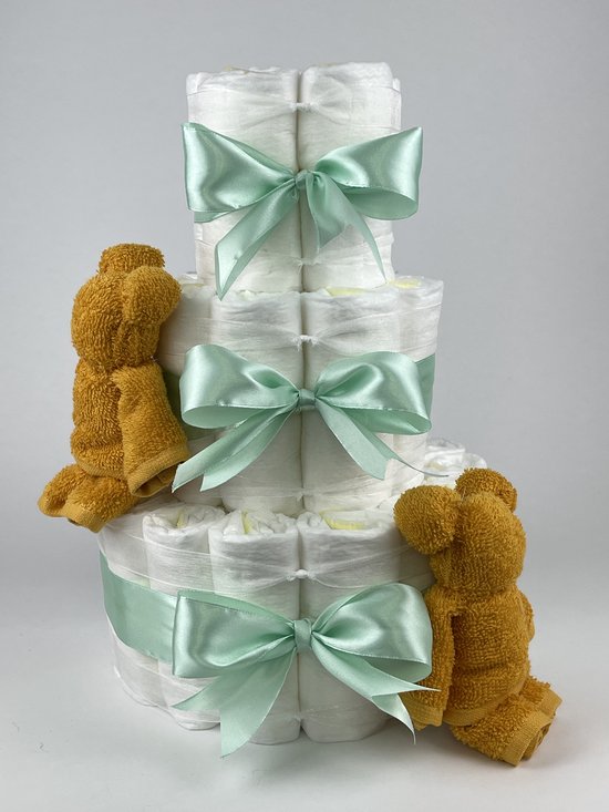 Chouette-Chouette | Luiertaart Neutraal | Kraamcadeau | Geboorte Jongen Meisje | Babyshower | Beren Oker - Groen van Chouette-Chouette