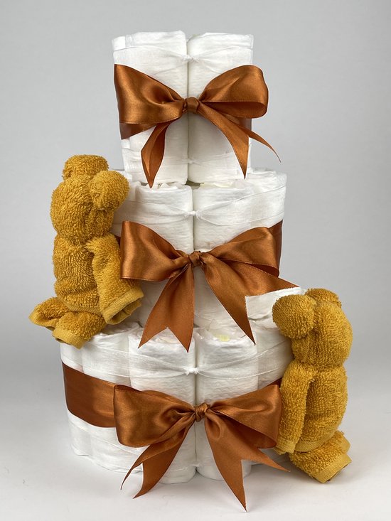 Chouette-Chouette | Luiertaart Neutraal | Kraamcadeau | Geboorte Jongen Meisje | Babyshower | Beren Oker - Koper van Chouette-Chouette