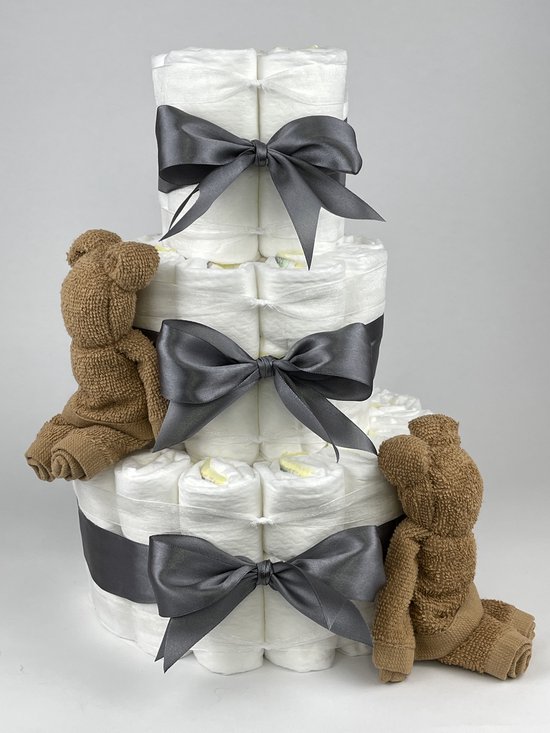 Chouette-Chouette | Luiertaart Neutraal | Kraamcadeau | Geboorte Jongen Meisje | Babyshower | Beren Sand - donker Grijs van Chouette-Chouette