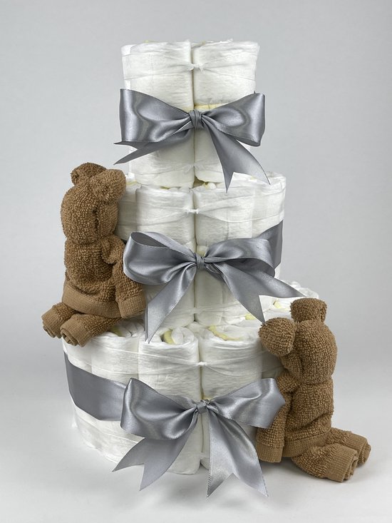 Chouette-Chouette | Luiertaart Neutraal | Kraamcadeau | Geboorte Jongen Meisje | Babyshower | Beren Sand - Grijs van Chouette-Chouette