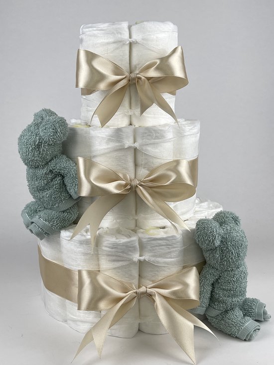 Chouette-Chouette | Luiertaart Neutraal | Kraamcadeau | Geboorte Jongen Meisje | Babyshower | Beren Stone groen - Beige van Chouette-Chouette