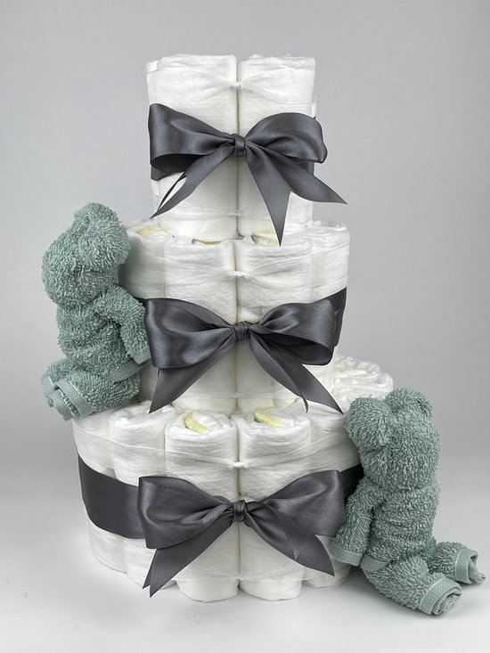Chouette-Chouette | Luiertaart Neutraal | Kraamcadeau | Geboorte Jongen Meisje | Babyshower | Beren Stone groen - donker Grijs van Chouette-Chouette