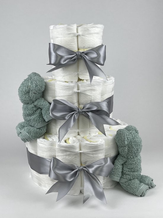 Chouette-Chouette | Luiertaart Neutraal | Kraamcadeau | Geboorte Jongen Meisje | Babyshower | Beren Stone groen - Grijs van Chouette-Chouette