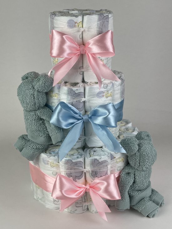 Chouette-Chouette | Luiertaart Neutraal | Kraamcadeau | Geboorte Jongen Meisje | Babyshower | Beren Stone groen - Roze - Blauw