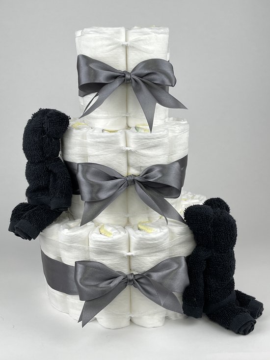 Chouette-Chouette | Luiertaart Neutraal | Kraamcadeau | Geboorte Jongen Meisje | Babyshower | Beren Zwart - donker Grijs van Chouette-Chouette
