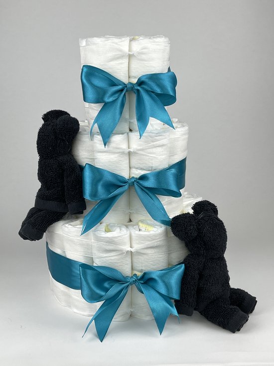 Chouette-Chouette | Luiertaart Neutraal | Kraamcadeau | Geboorte Jongen Meisje | Babyshower | Beren Zwart - Petrol van Chouette-Chouette
