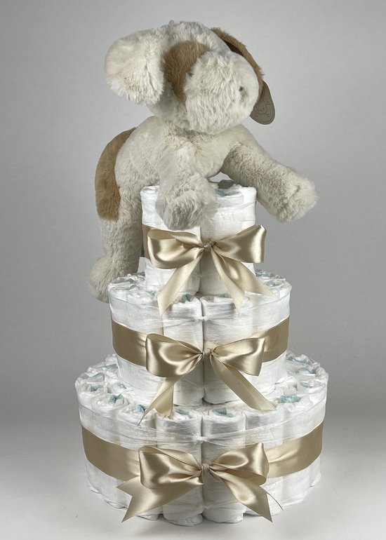 Chouette-Chouette | Luiertaart Neutraal | Kraamcadeau | Geboorte Jongen Meisje | Babyshower | Bunnies By the Bay Hond Beige van Chouette-Chouette