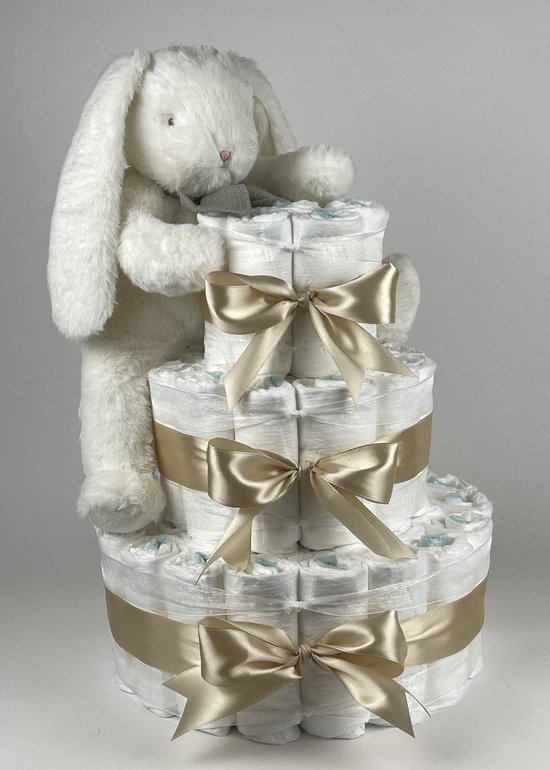 Chouette-Chouette | Luiertaart Neutraal | Kraamcadeau | Geboorte Jongen Meisje | Babyshower | Bunnies By the Bay Sneeuwkonijn Beige van Chouette-Chouette