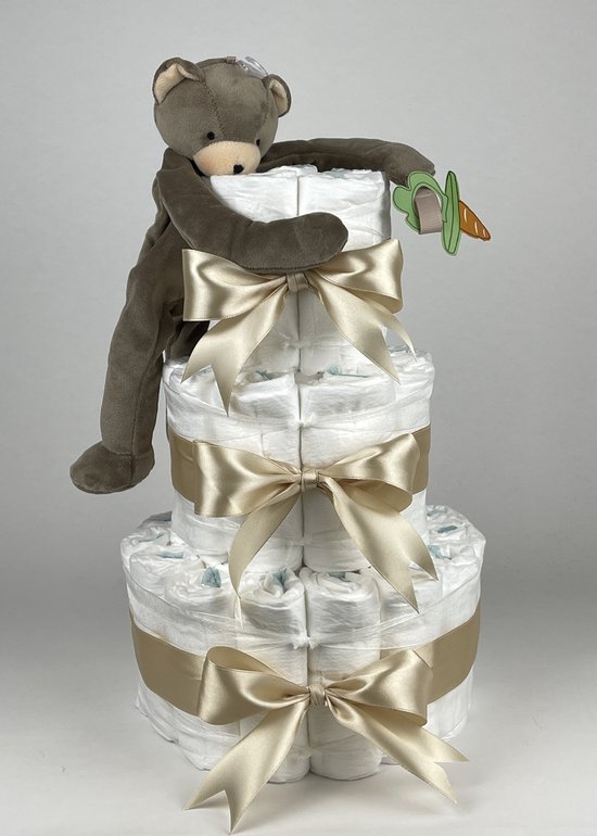 Chouette-Chouette | Luiertaart Neutraal | Kraamcadeau | Geboorte Jongen Meisje | Babyshower | Bunnies By The Bay Speenknuffel Beer Cubby Beige van Chouette-Chouette