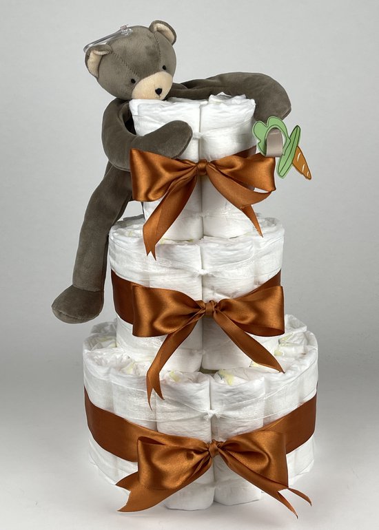 Chouette-Chouette | Luiertaart Neutraal | Kraamcadeau | Geboorte Jongen Meisje | Babyshower | Bunnies By The Bay Speenknuffel Beer Cubby Koper van Chouette-Chouette