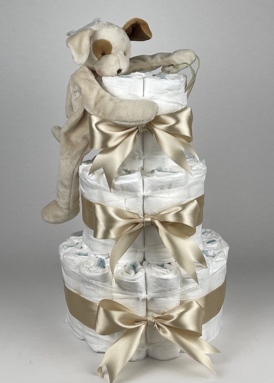 Chouette-Chouette | Luiertaart Neutraal | Kraamcadeau | Geboorte Jongen Meisje | Babyshower | Bunnies By The Bay Speenknuffel Hond Beige van Chouette-Chouette