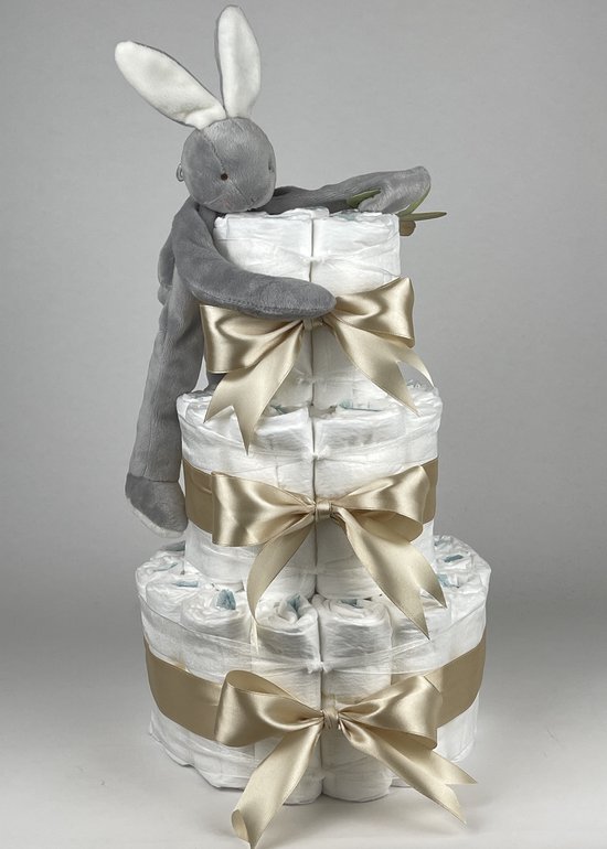Chouette-Chouette | Luiertaart Neutraal | Kraamcadeau | Geboorte Jongen Meisje | Babyshower | Bunnies By The Bay Speenknuffel Konijn Grijs - Beige van Chouette-Chouette
