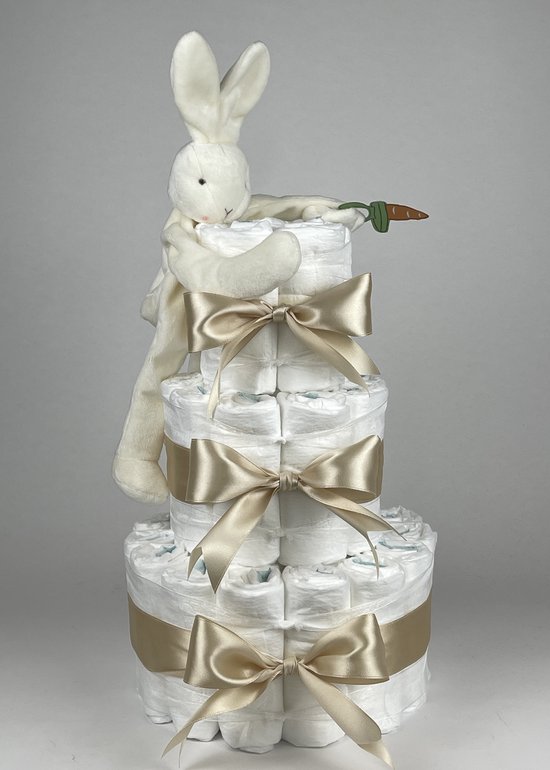 Chouette-Chouette | Luiertaart Neutraal | Kraamcadeau | Geboorte Jongen Meisje | Babyshower | Bunnies By The Bay Speenknuffel Konijn Wit - Beige van Chouette-Chouette