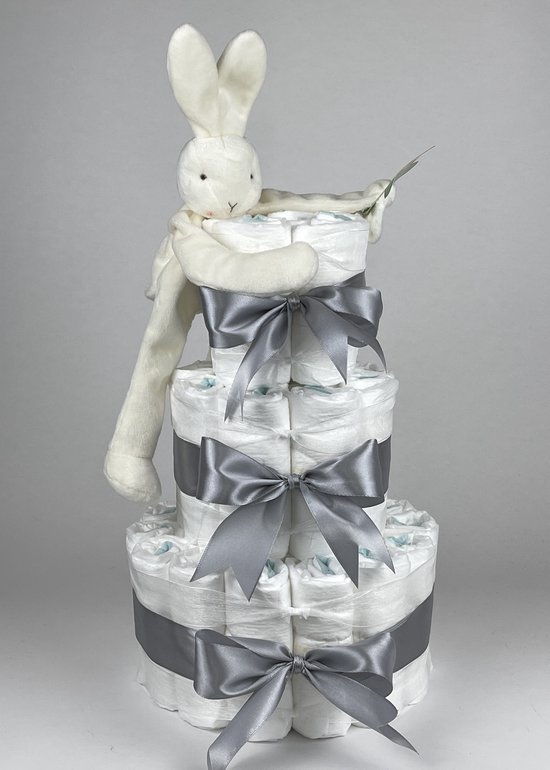 Chouette-Chouette | Luiertaart Neutraal | Kraamcadeau | Geboorte Jongen Meisje | Babyshower | Bunnies By The Bay Speenknuffel Konijn Wit - Grijs van Chouette-Chouette